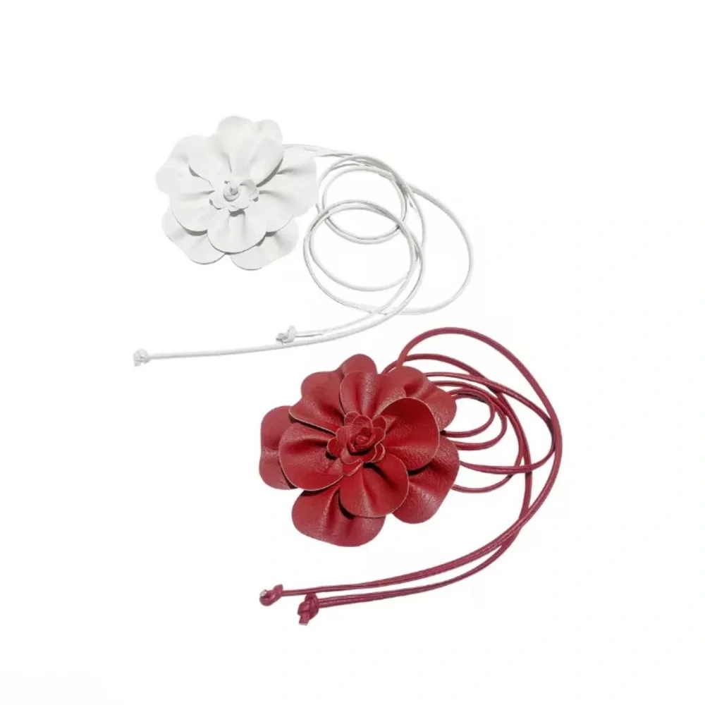Red Floral Leather Waist Belt with large Flower